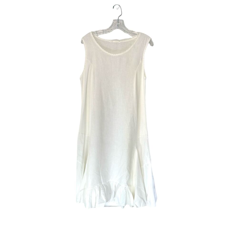 Luna Luz White Lagenlook Coastal Relaxed Linen Flounce Dress Size Medium